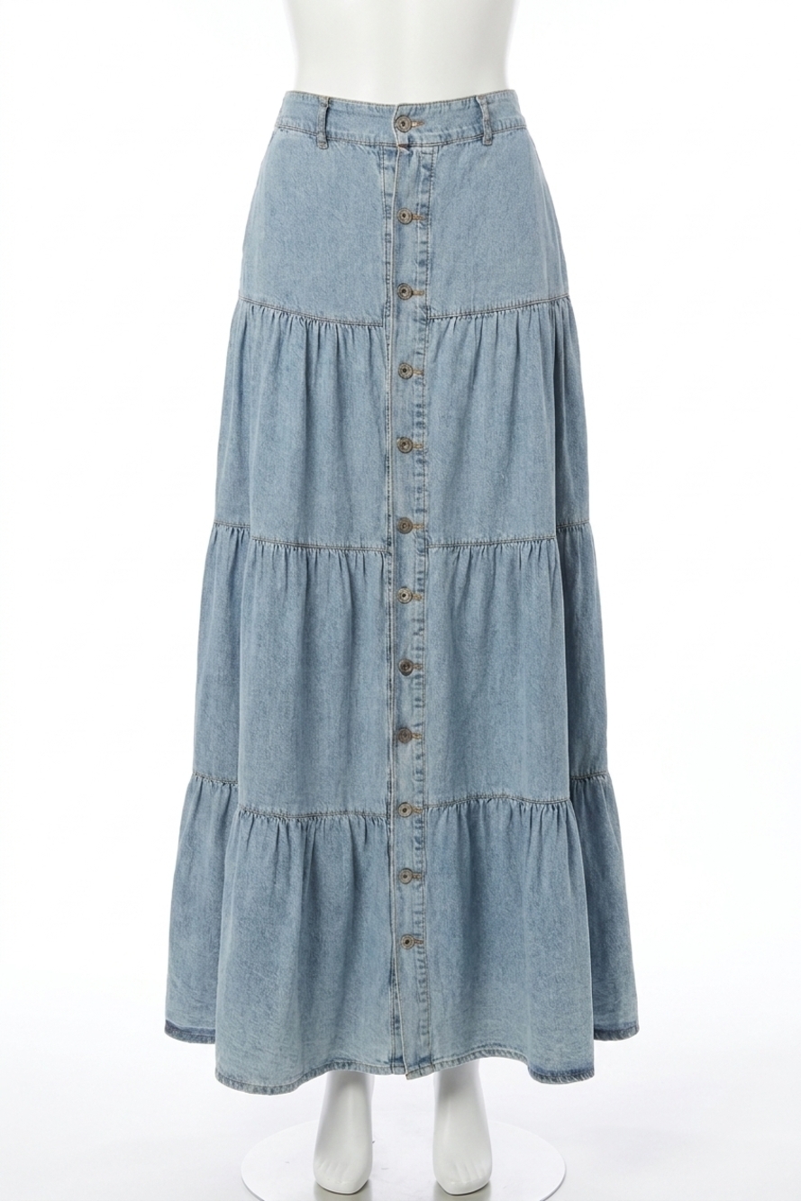 NEW DAVI & DANI button front ruffle hem maxi skirt in denim